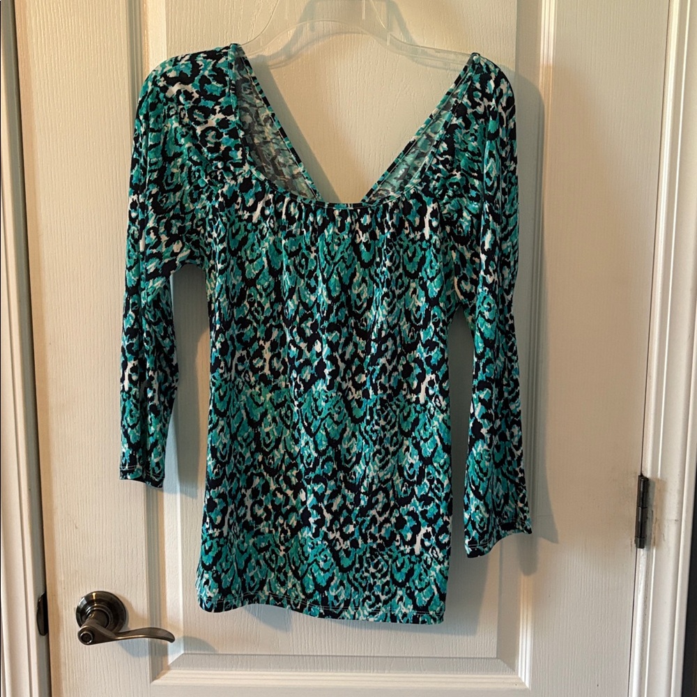 Ann Taylor Teal and Black Patterned Blouse